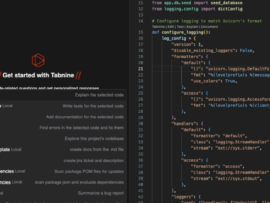 Tabnine coding assistant displaying AI commands for code explanation and fixes.